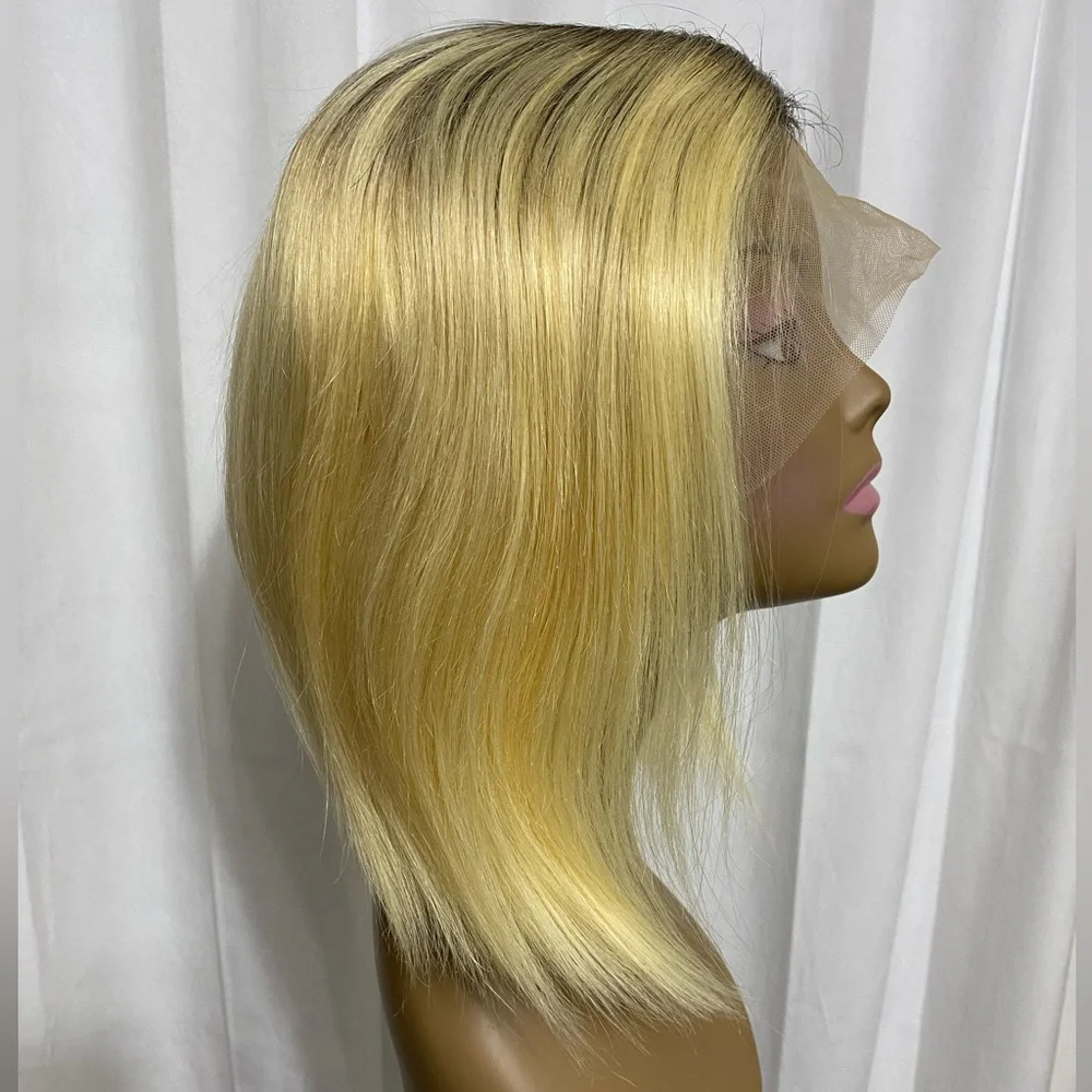 Short Ombré Blonde Bob Wig 100% Human Hair Lace Front T Part Wig 12” Blunt Cut